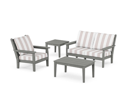 POLYWOOD® Chippendale 4-Piece Deep Seating Set in Slate Grey / Cabana Stripe Dune Burlap