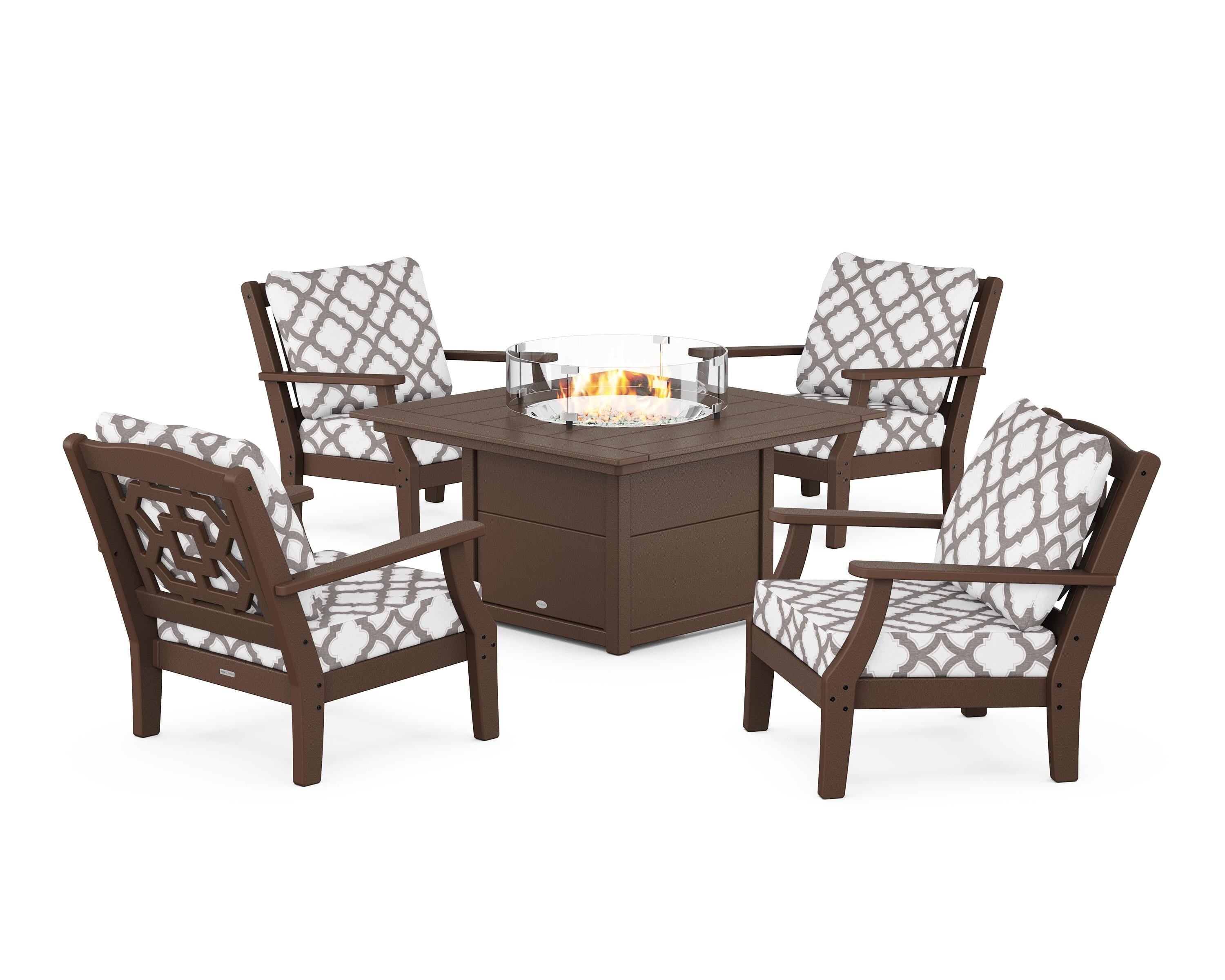 Martha Stewart by POLYWOOD® Chinoiserie 5-Piece Deep Seating Set with Fire Pit Table in Mahogany / Trellis Grey Mist