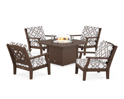 Martha Stewart by POLYWOOD® Chinoiserie 5-Piece Deep Seating Set with Fire Pit Table in Mahogany / Trellis Grey Mist
