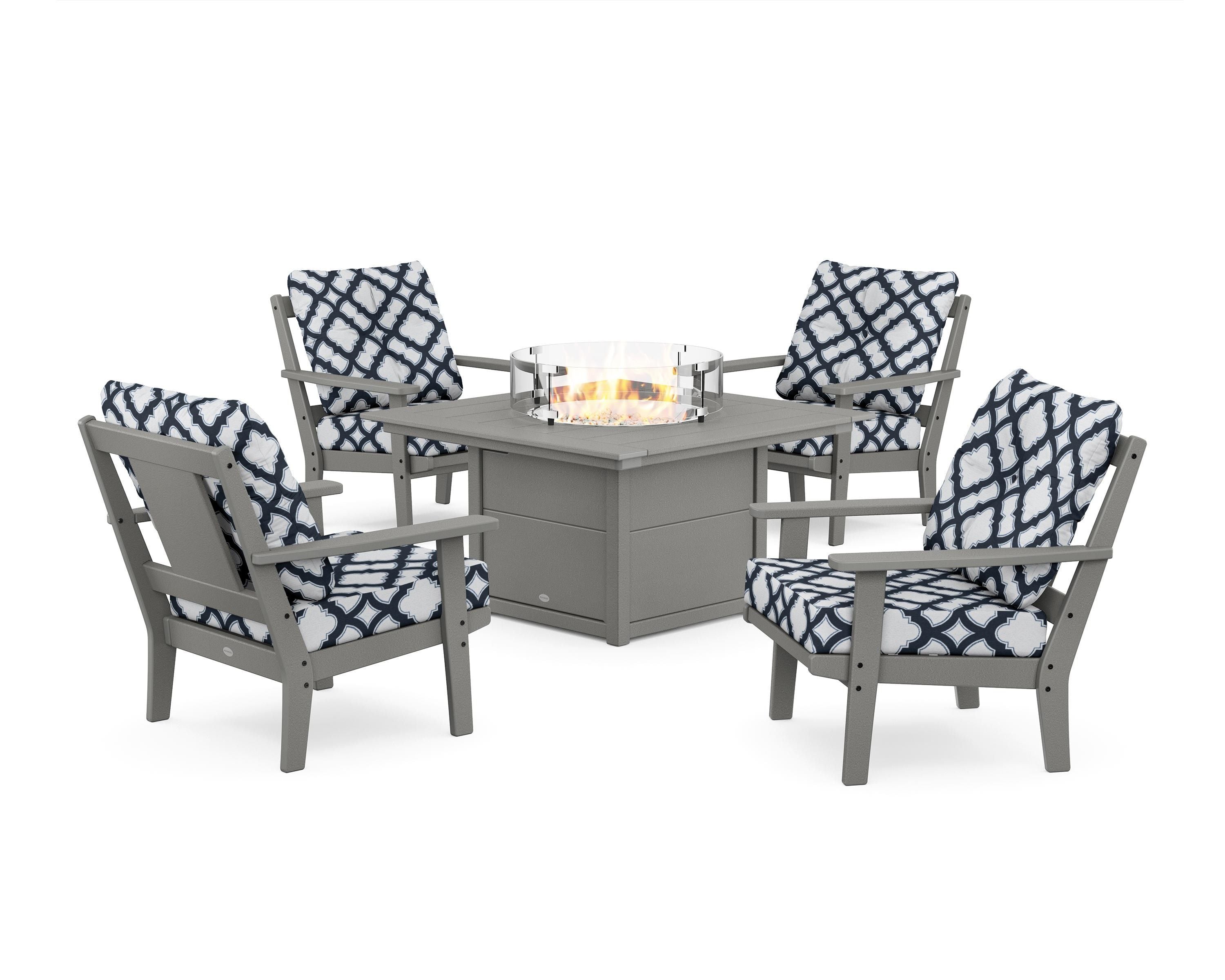 POLYWOOD® Prairie 5-Piece Deep Seating Set with Fire Pit Table in Slate Grey / Trellis Marine Indigo