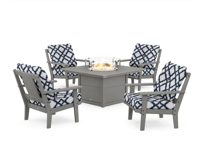 POLYWOOD® Prairie 5-Piece Deep Seating Set with Fire Pit Table in Slate Grey / Trellis Marine Indigo