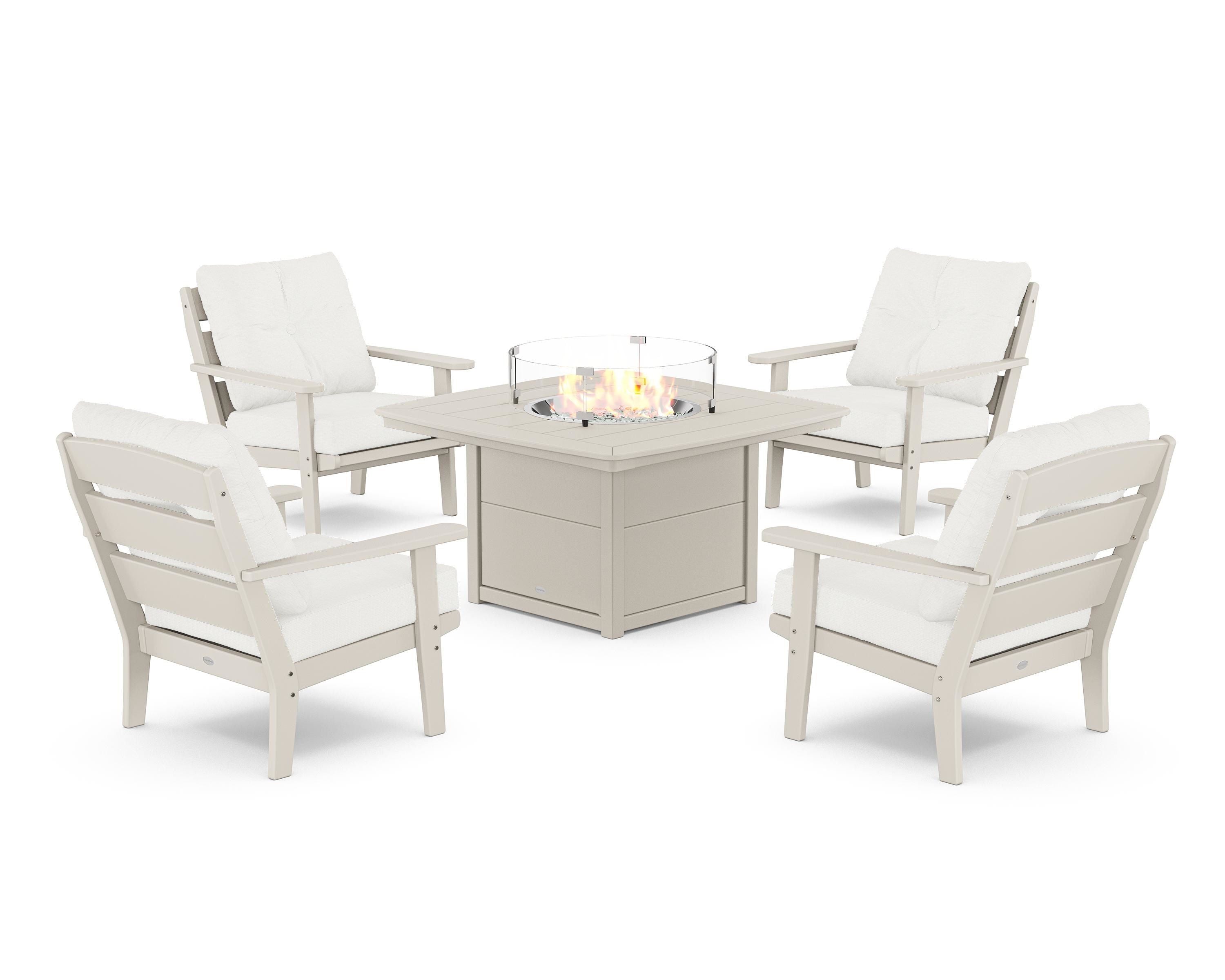 POLYWOOD® Lakeside 5-Piece Deep Seating Set with Nautical Fire Pit Table in Sand / Natural Linen