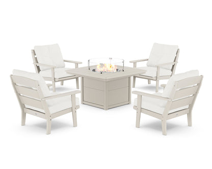 POLYWOOD® Lakeside 5-Piece Deep Seating Set with Nautical Fire Pit Table in Sand / Natural Linen