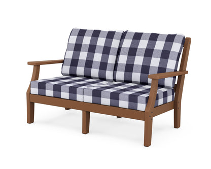 Martha Stewart by POLYWOOD® Chinoiserie Deep Seating Loveseat in Teak / Buffalo Plaid Navy