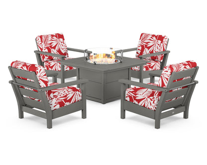 POLYWOOD® Harbour 5-Piece Conversation Set with Fire Pit Table in Slate Grey / Leaf Crimson