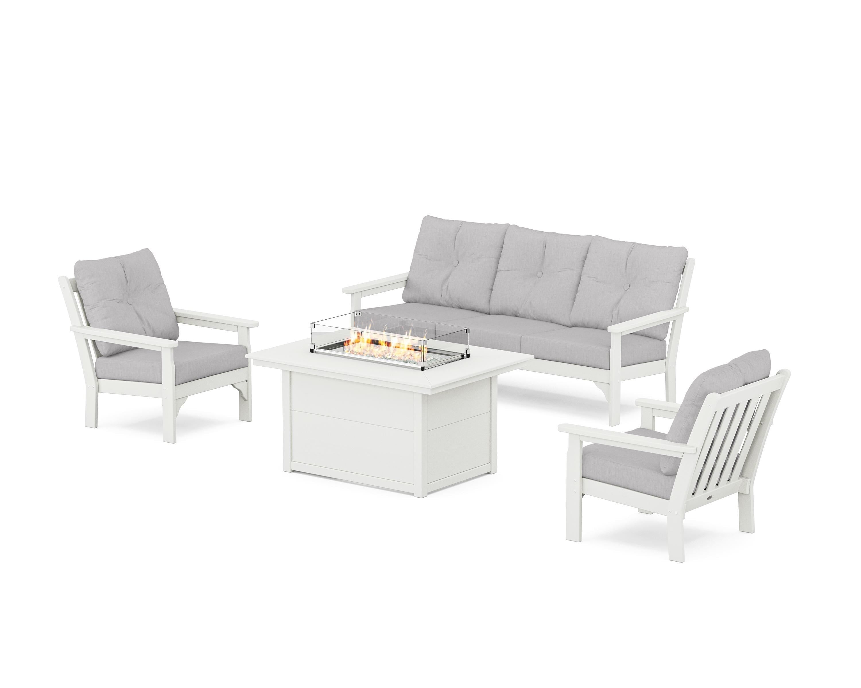 POLYWOOD® Vineyard Deep Seating Fire Pit Table Set in Vintage White / Granite