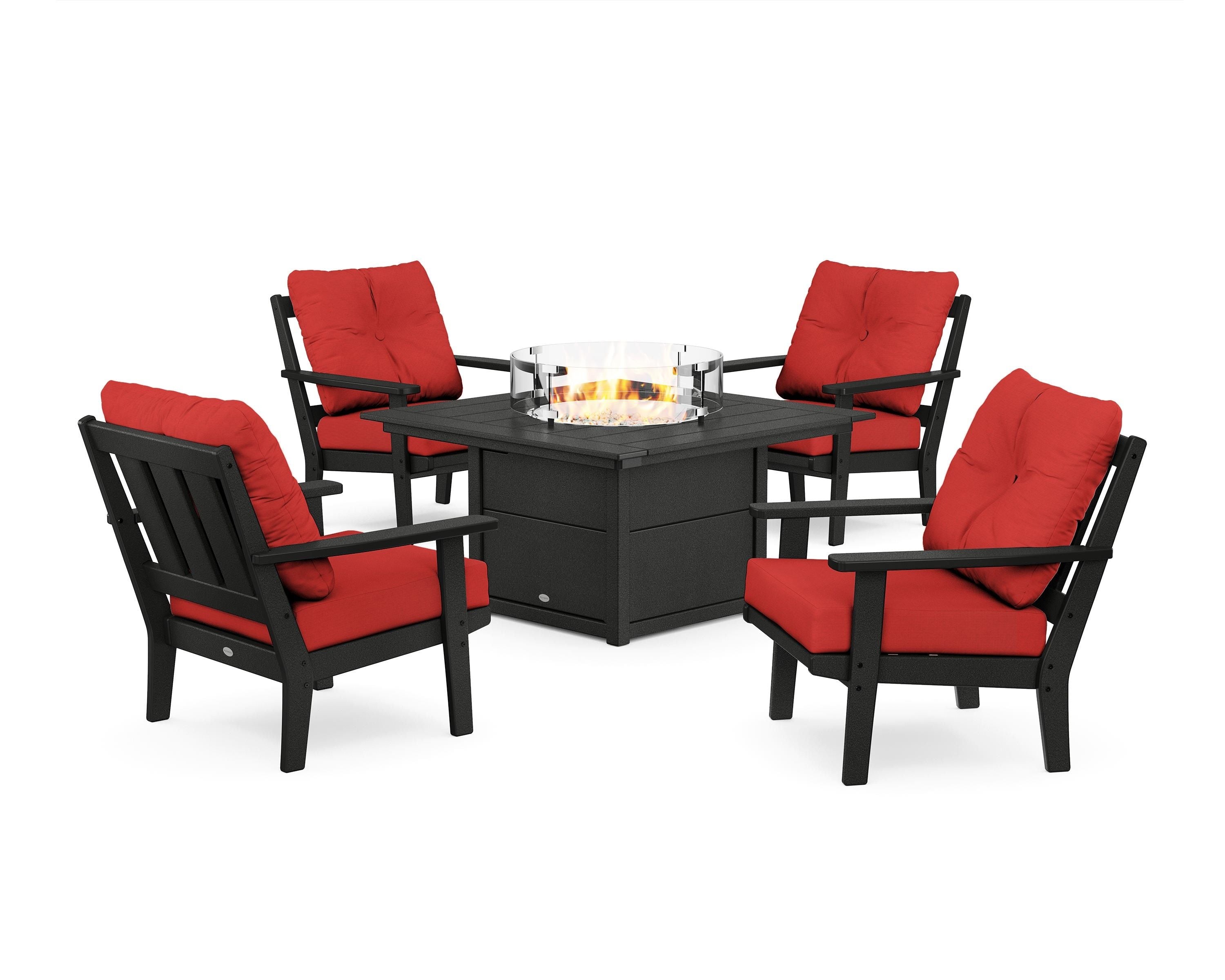 POLYWOOD® Oxford 5-Piece Deep Seating Set with Fire Pit Table in Black / Crimson Linen