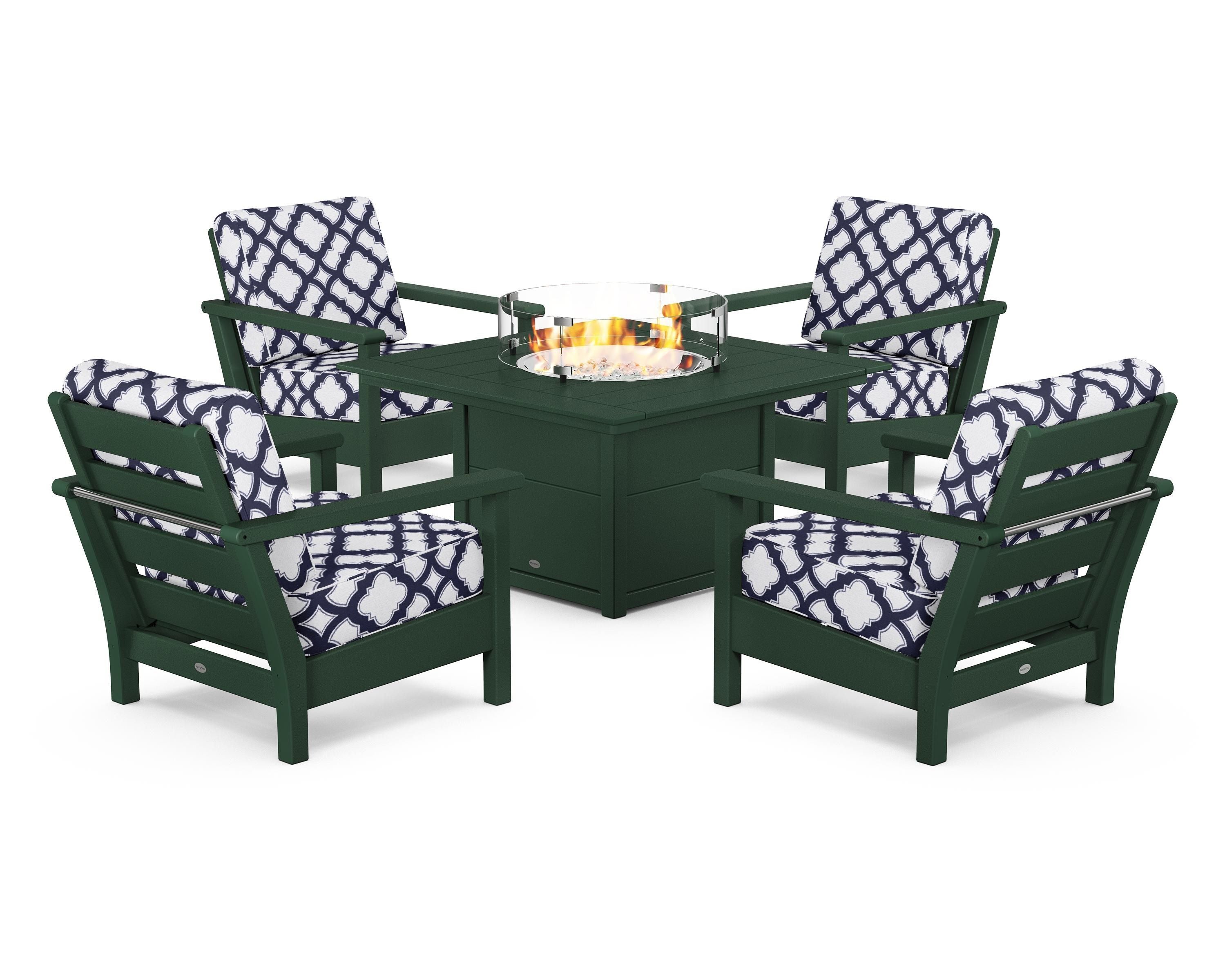 POLYWOOD® Harbour 5-Piece Conversation Set with Fire Pit Table in Green / Trellis Navy