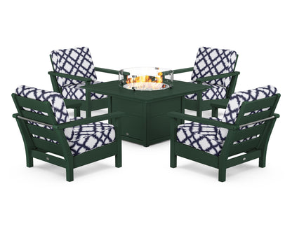 POLYWOOD® Harbour 5-Piece Conversation Set with Fire Pit Table in Green / Trellis Navy