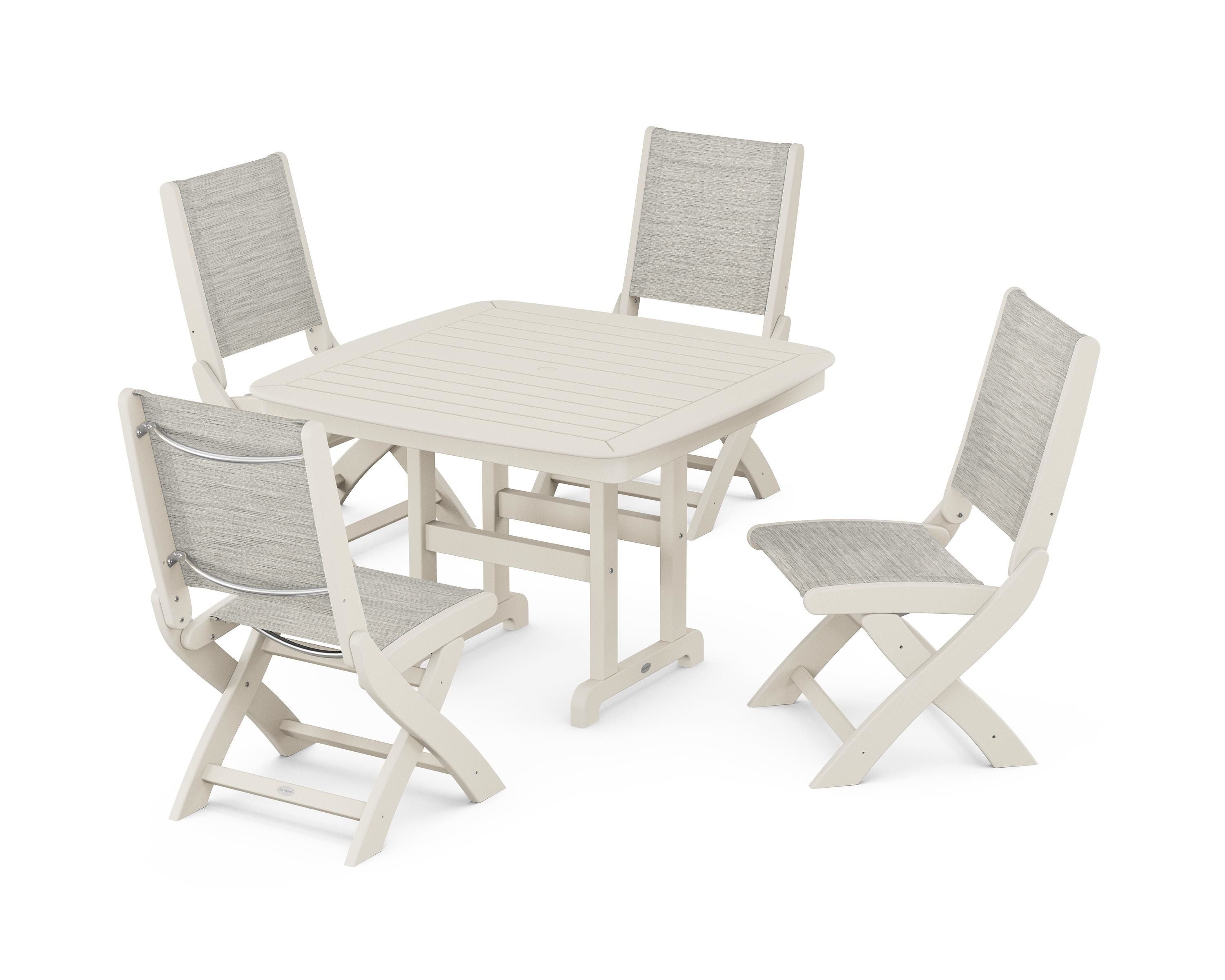 POLYWOOD® Coastal Folding Side Chair 5-Piece Dining Set in Sand / Birch Sling