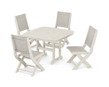 POLYWOOD® Coastal Folding Side Chair 5-Piece Dining Set in Sand / Birch Sling