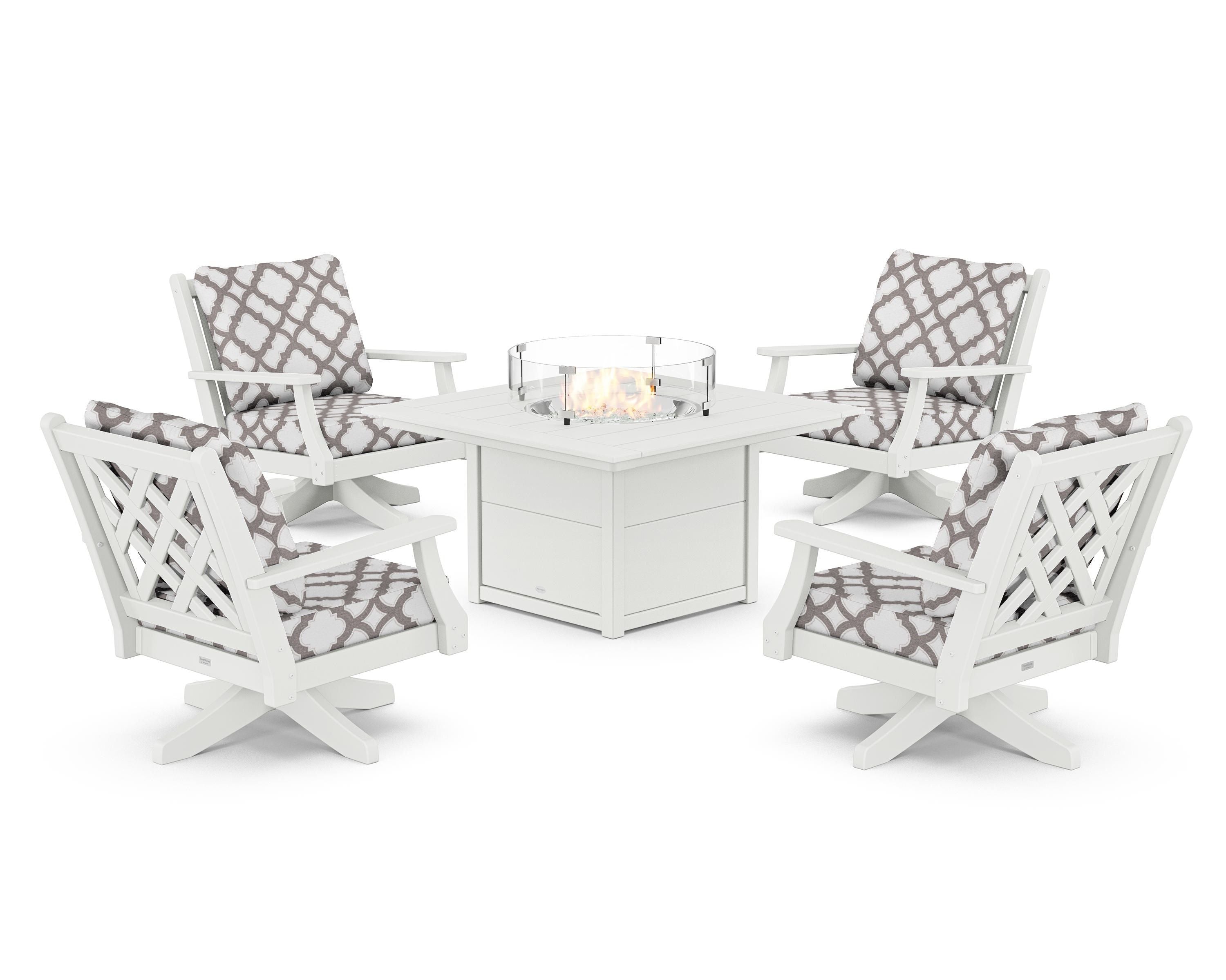 Country Living Wovendale 5-Piece Deep Seating Swivel Conversation Set with Fire Pit Table in White / Trellis Grey Mist