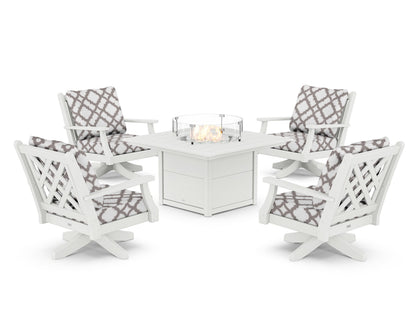Country Living Wovendale 5-Piece Deep Seating Swivel Conversation Set with Fire Pit Table in White / Trellis Grey Mist