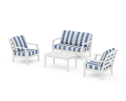 Draper James™ by  POLYWOOD® Savannah 4-Piece Deep Seating Set with Loveseat in White / Cabana Stripe Sky Blue
