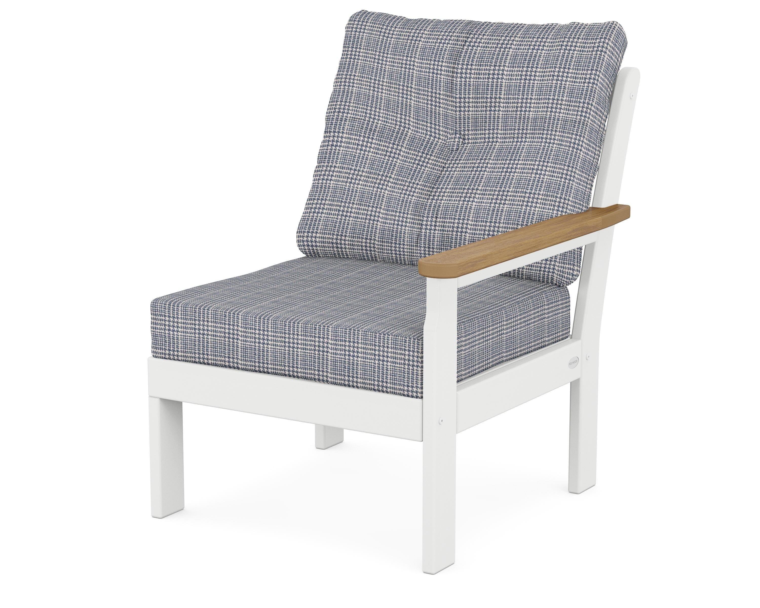 POLYWOOD® Vineyard Modular Right Arm Chair in White / Natural / Houndstooth Sky Blue