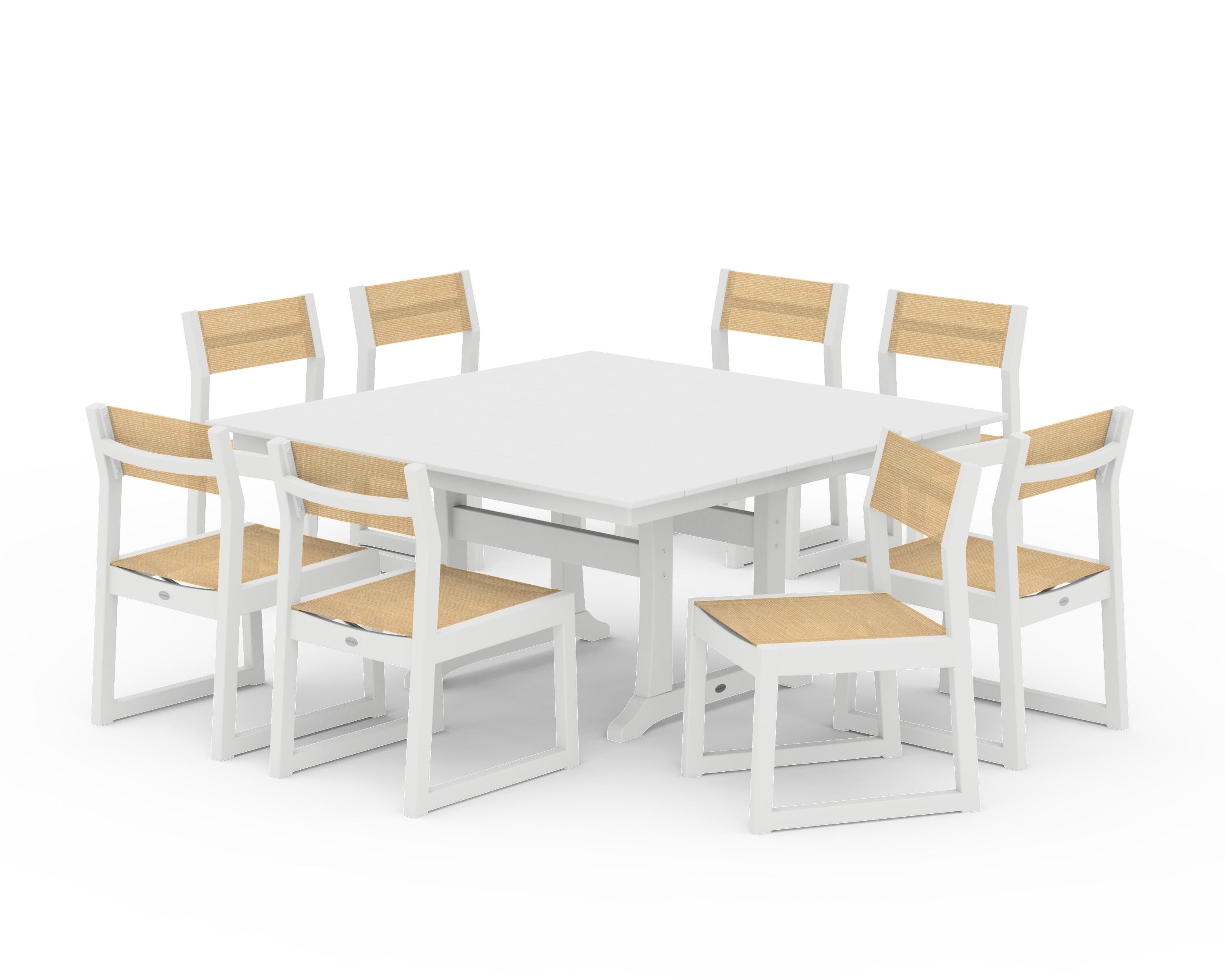 POLYWOOD® EDGE Sling Side Chair 9-Piece Farmhouse Trestle Dining Set in White / Dupioni Apricot Sling