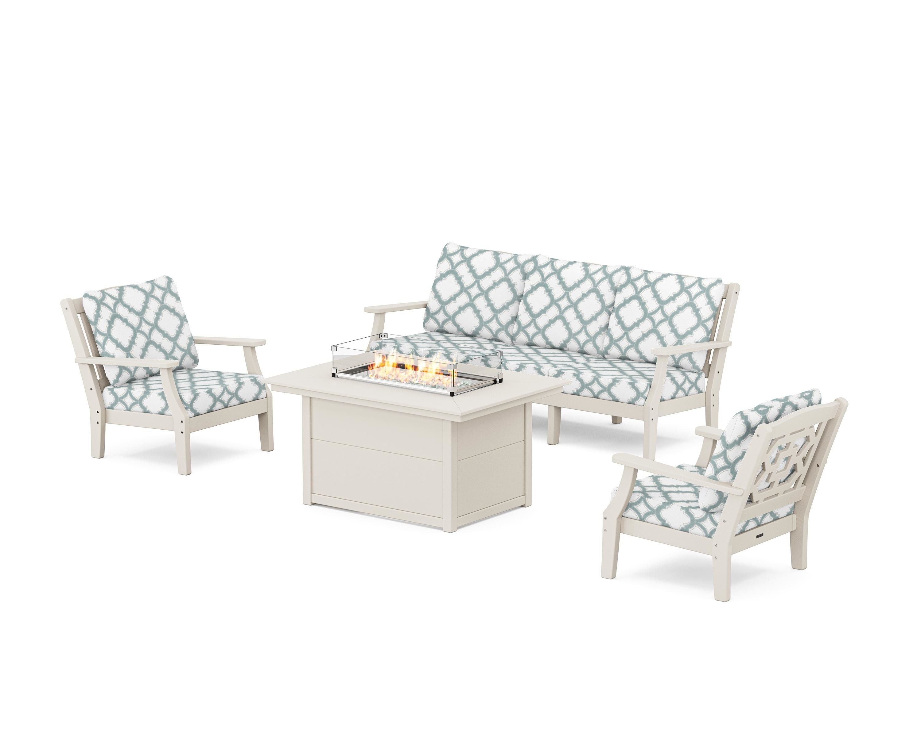 Martha Stewart by POLYWOOD® Chinoiserie Deep Seating Fire Pit Table Set in Sand / Trellis Glacier Spa
