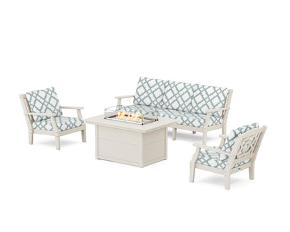 Martha Stewart by POLYWOOD® Chinoiserie Deep Seating Fire Pit Table Set in Sand / Trellis Glacier Spa