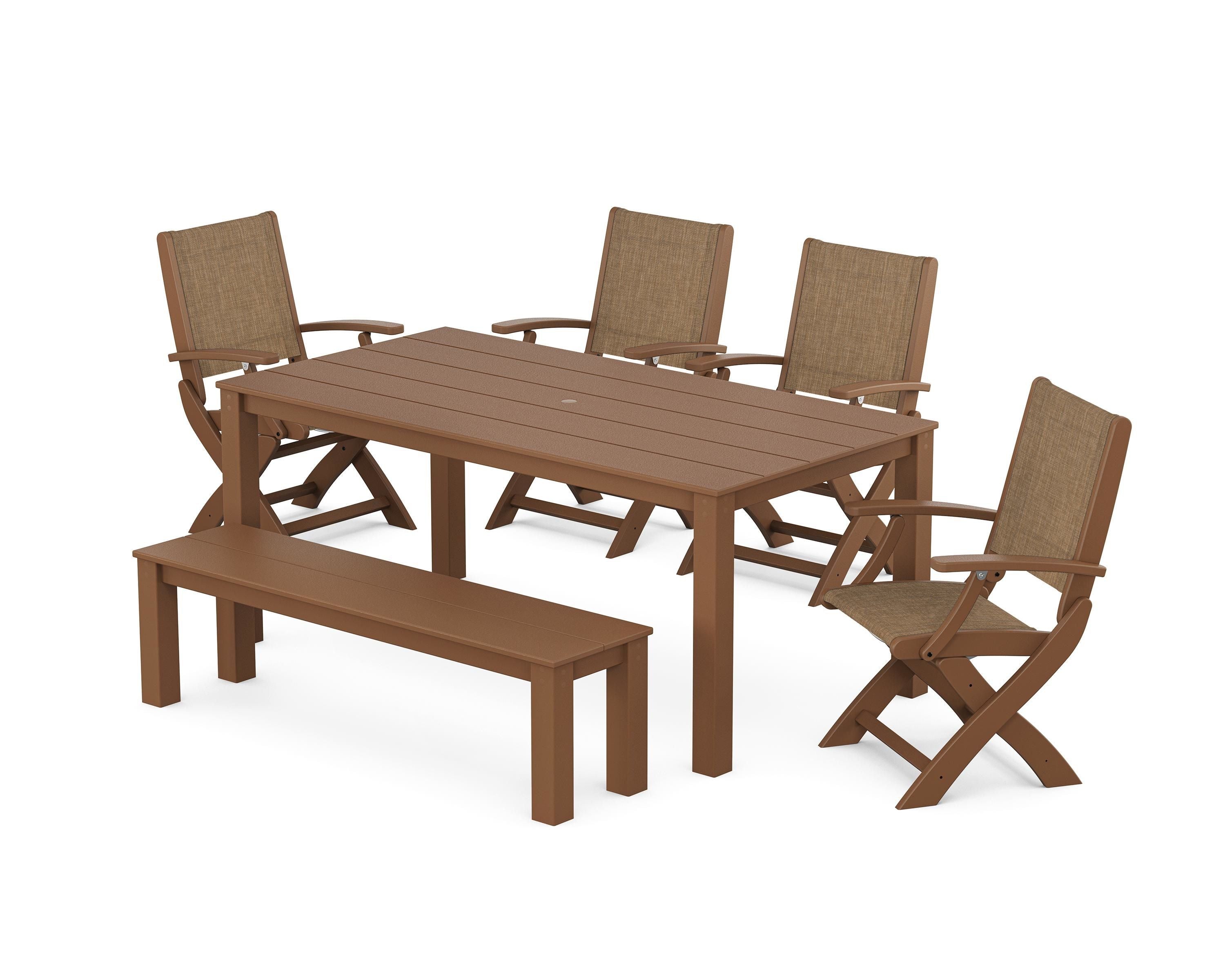 POLYWOOD® Coastal Folding Chair 6-Piece Parsons Dining Set with Bench in Teak / Burlap Sling
