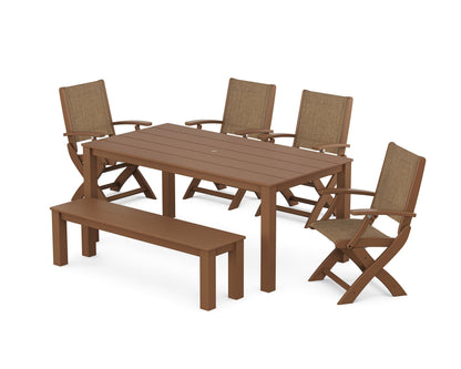POLYWOOD® Coastal Folding Chair 6-Piece Parsons Dining Set with Bench in Teak / Burlap Sling