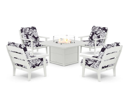 POLYWOOD® Lakeside 5-Piece Deep Seating Set with Nautical Fire Pit Table in White / Leaf Navy
