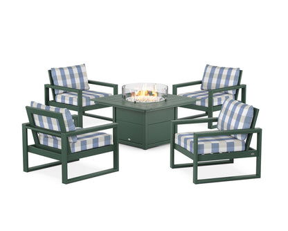 POLYWOOD® EDGE Sectional 5-Piece Deep Seating Set with Fire Pit Table in Green / Buffalo Plaid Sky Blue