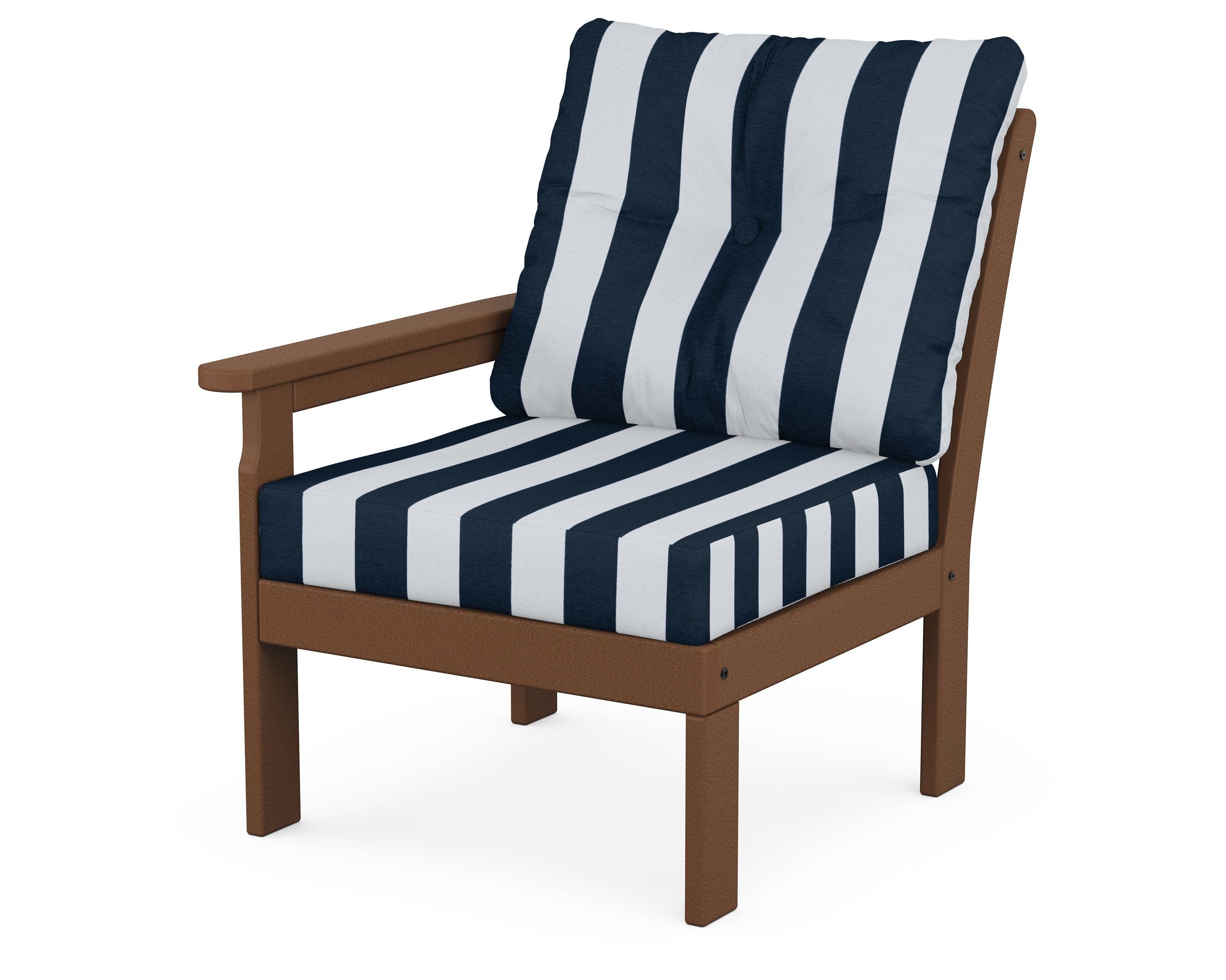 POLYWOOD® Vineyard Modular Left Arm Chair in Teak / Cabana Stripe Marine Indigo