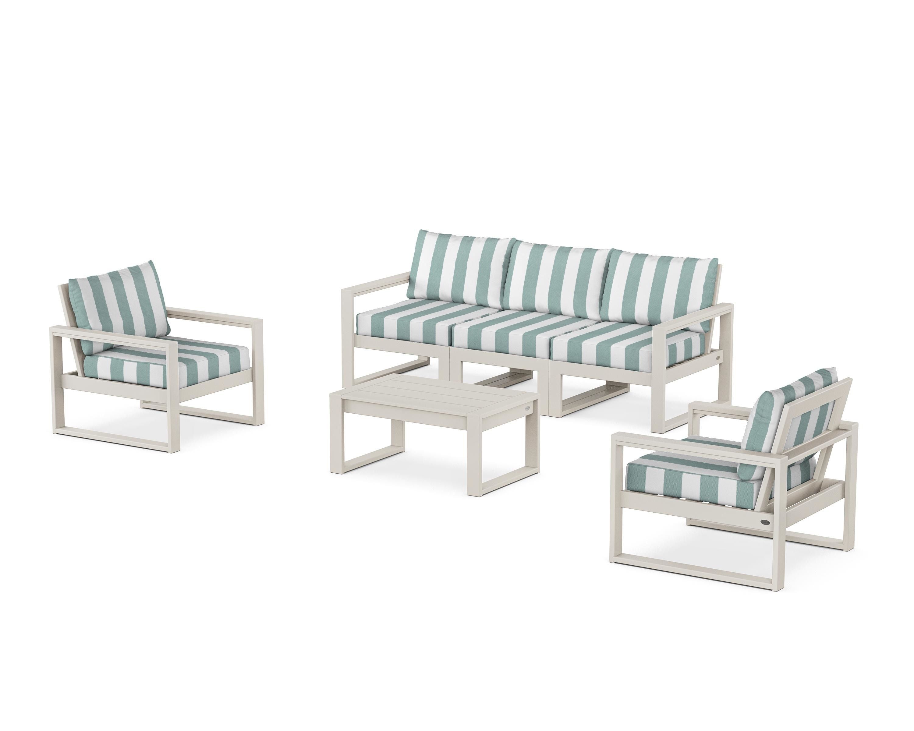 POLYWOOD® EDGE Sectional 4-Piece Deep Seating Set with Sofa in Sand / Cabana Stripe Glacier Spa