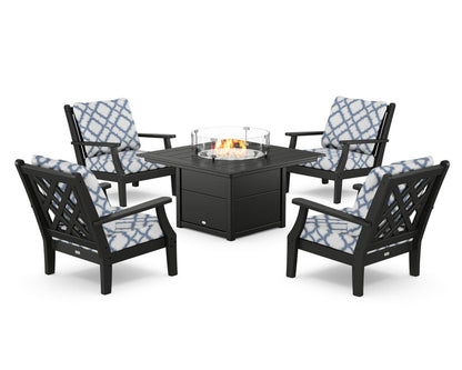 Country Living Wovendale 5-Piece Deep Seating Set with Fire Pit Table in Black / Trellis Sky Blue
