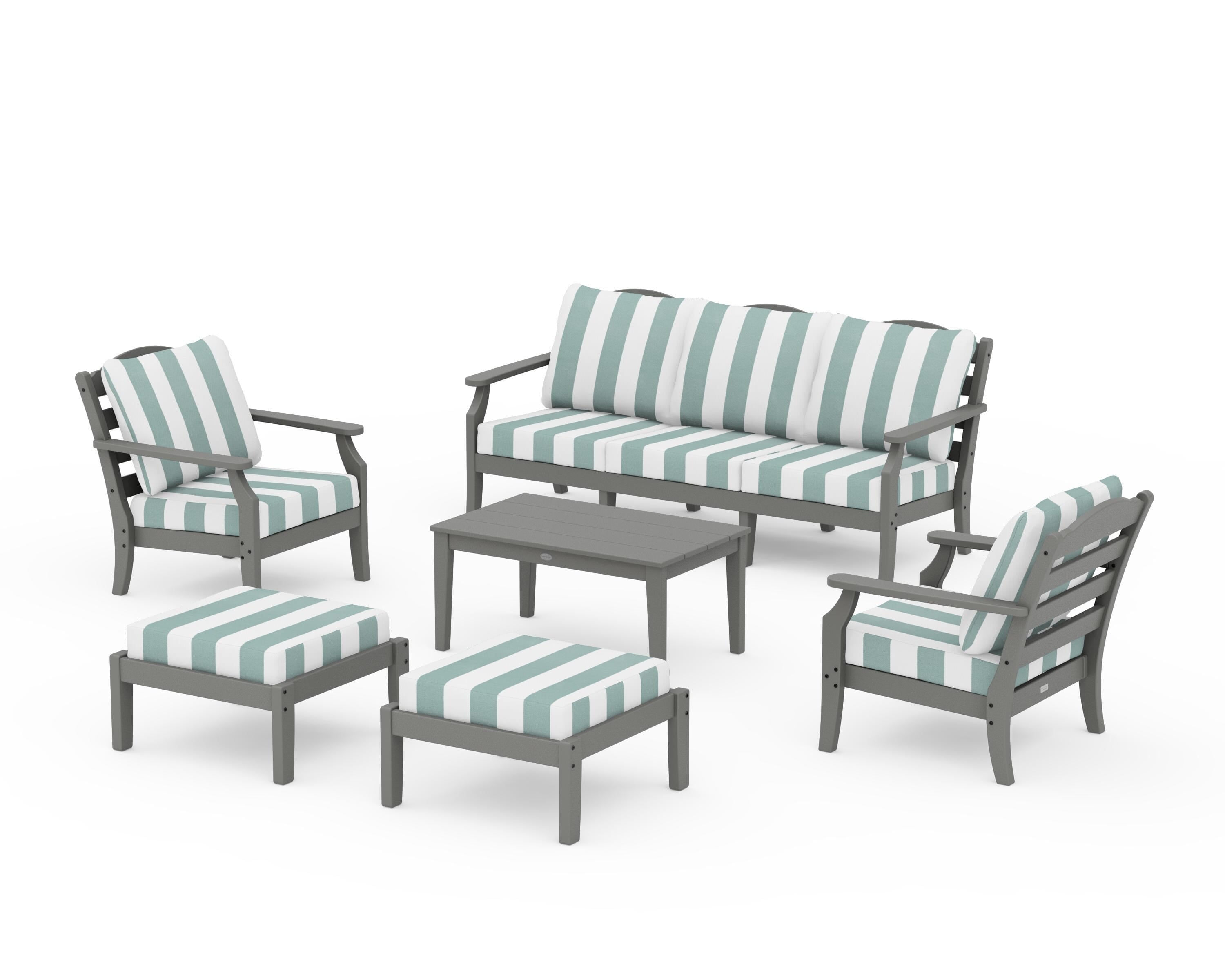 Draper James™ by  POLYWOOD® Savannah 6-Piece Lounge Sofa Set in Slate Grey / Cabana Stripe Glacier Spa