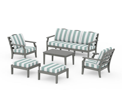 Draper James™ by  POLYWOOD® Savannah 6-Piece Lounge Sofa Set in Slate Grey / Cabana Stripe Glacier Spa