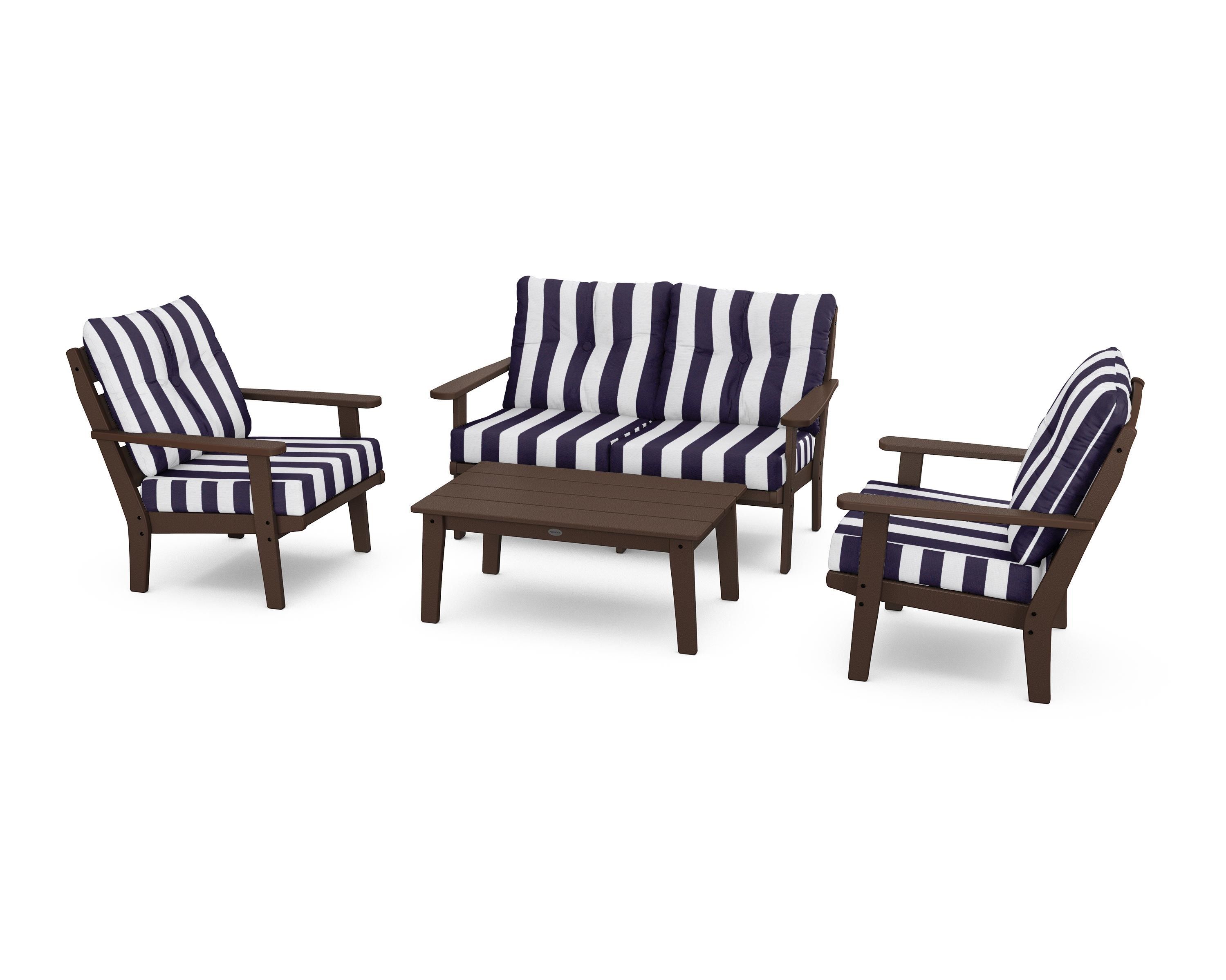 POLYWOOD® Lakeside 4-Piece Deep Seating Set in Mahogany / Cabana Stripe Navy