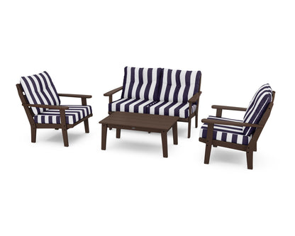 POLYWOOD® Lakeside 4-Piece Deep Seating Set in Mahogany / Cabana Stripe Navy