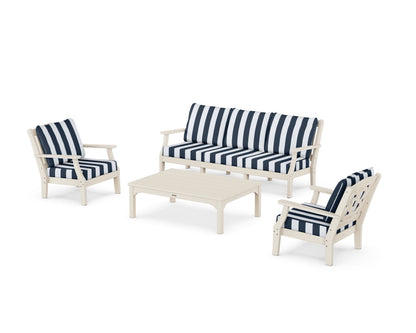 Martha Stewart by POLYWOOD® Chinoiserie 4-Piece Deep Seating Set with Sofa in Sand / Cabana Stripe Marine Indigo