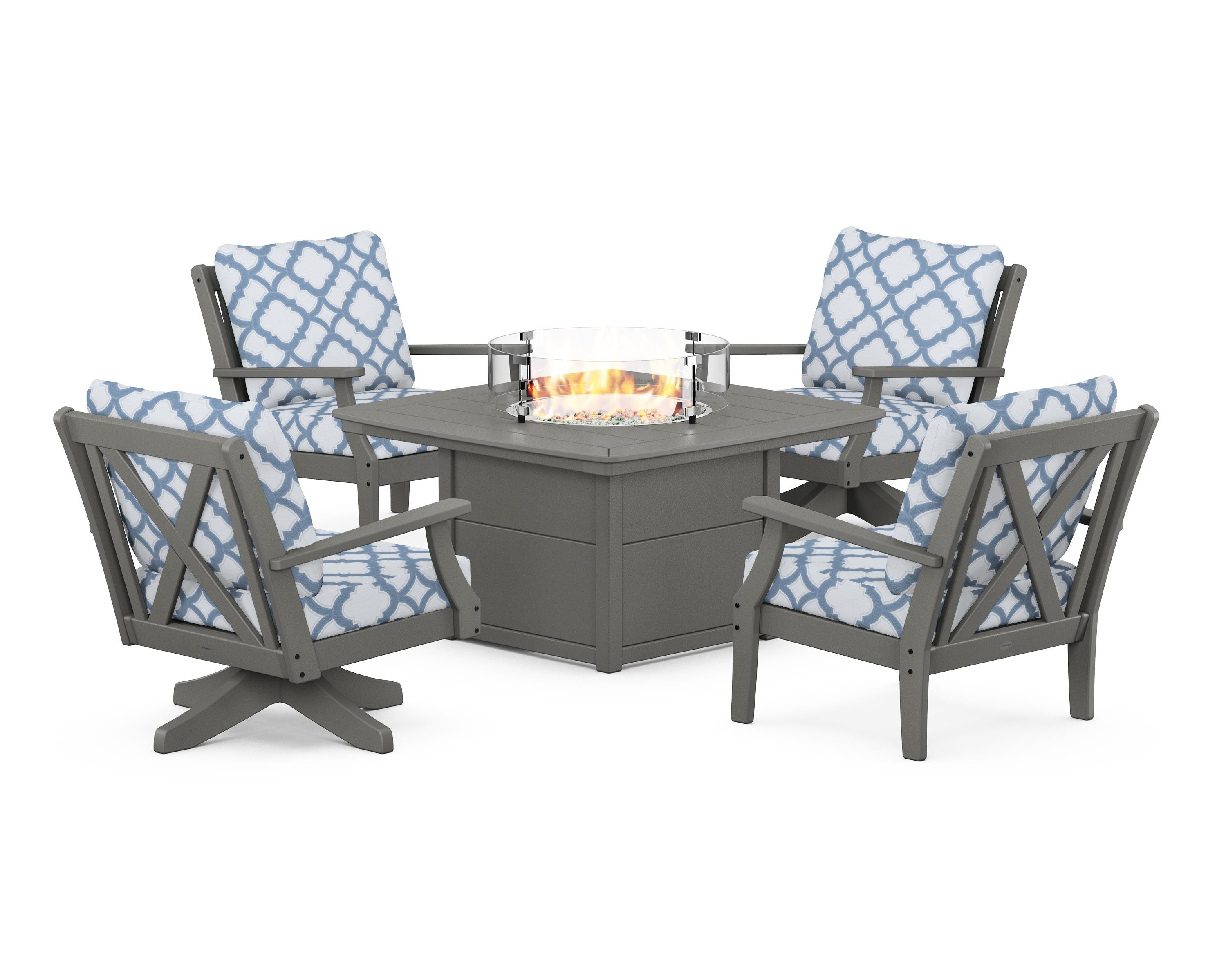POLYWOOD® Braxton 5-Piece Deep Seating Set with Fire Table in Slate Grey / Trellis Sky Blue