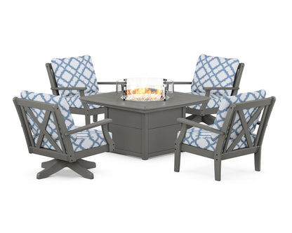 POLYWOOD® Braxton 5-Piece Deep Seating Set with Fire Table in Slate Grey / Trellis Sky Blue