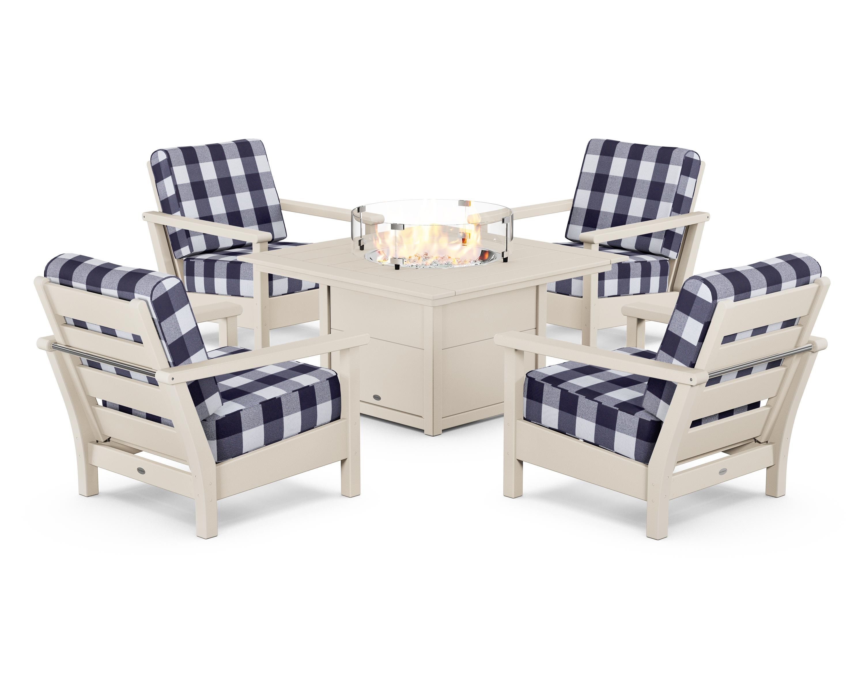 POLYWOOD® Harbour 5-Piece Conversation Set with Fire Pit Table in Sand / Buffalo Plaid Navy