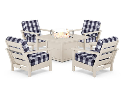 POLYWOOD® Harbour 5-Piece Conversation Set with Fire Pit Table in Sand / Buffalo Plaid Navy