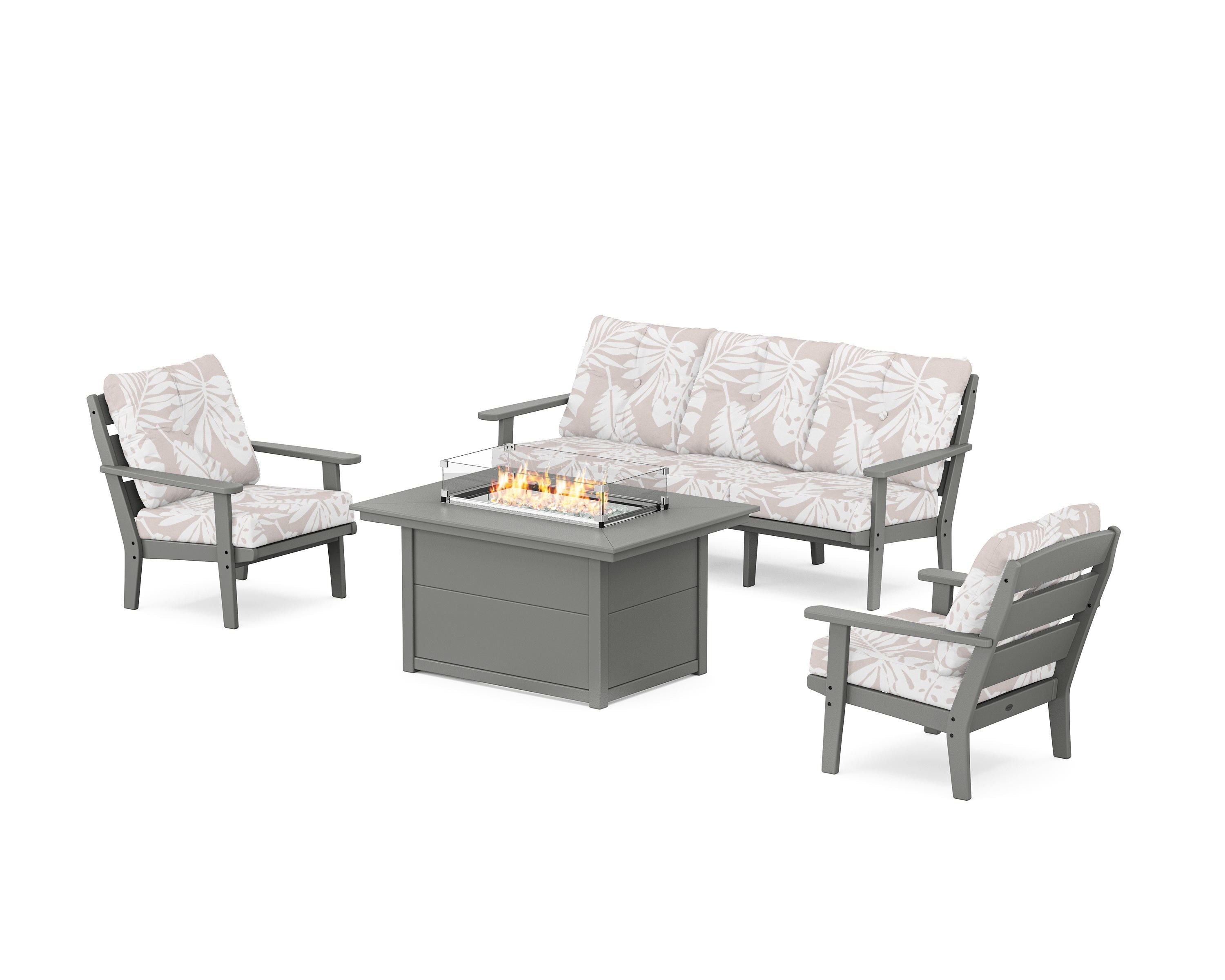 POLYWOOD® Lakeside Deep Seating Fire Pit Table Set in Slate Grey / Leaf Dune Burlap