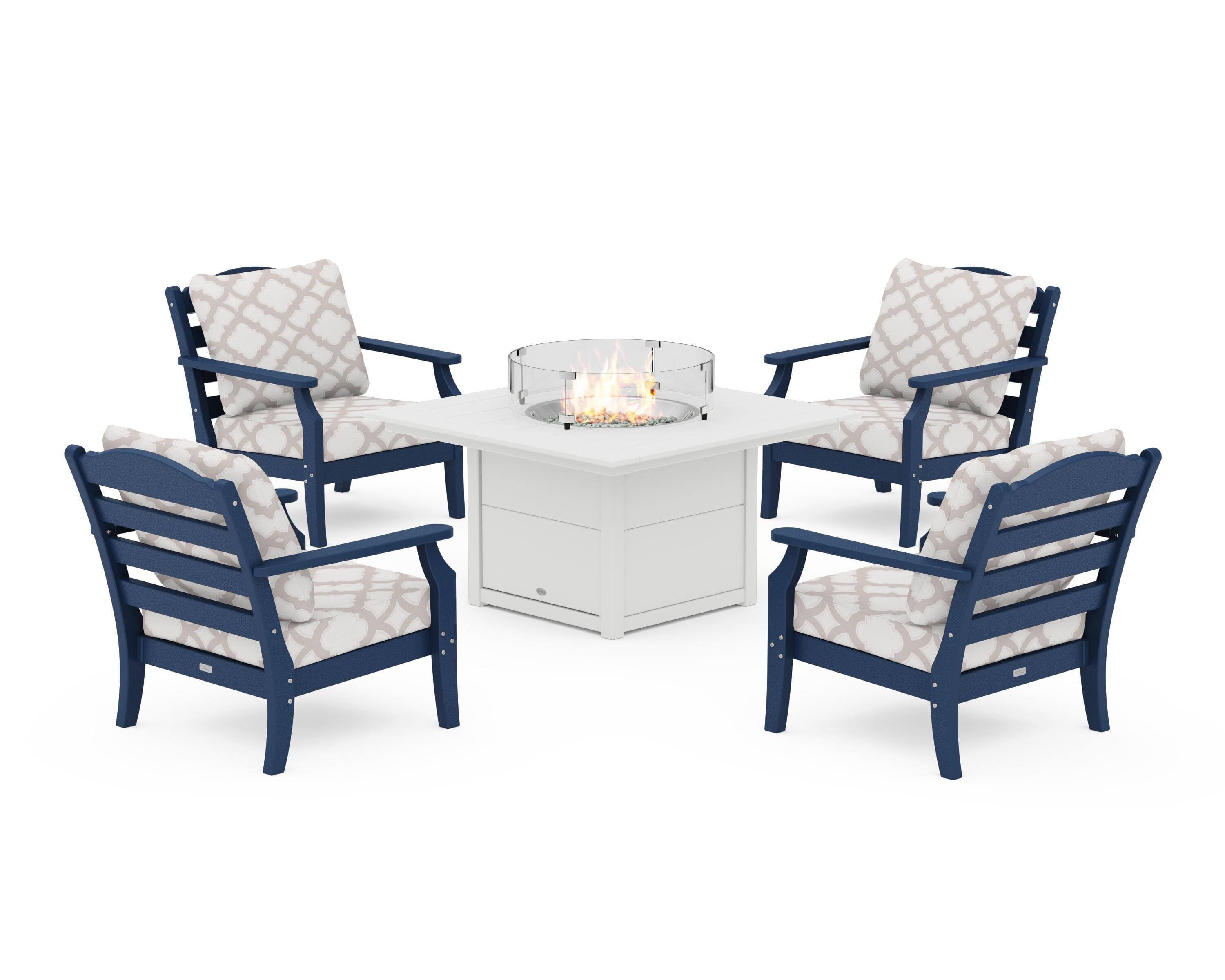 Draper James™ by  POLYWOOD® Savannah 5-Piece Deep Seating Set with Fire Pit Table in Navy / Trellis Dune Burlap
