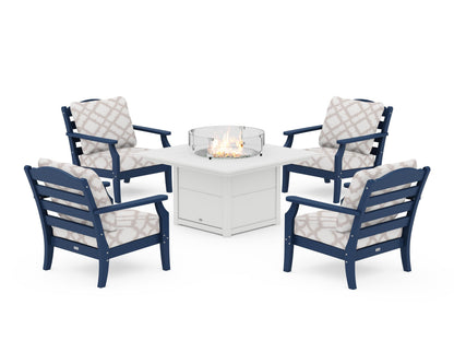 Draper James™ by  POLYWOOD® Savannah 5-Piece Deep Seating Set with Fire Pit Table in Navy / Trellis Dune Burlap