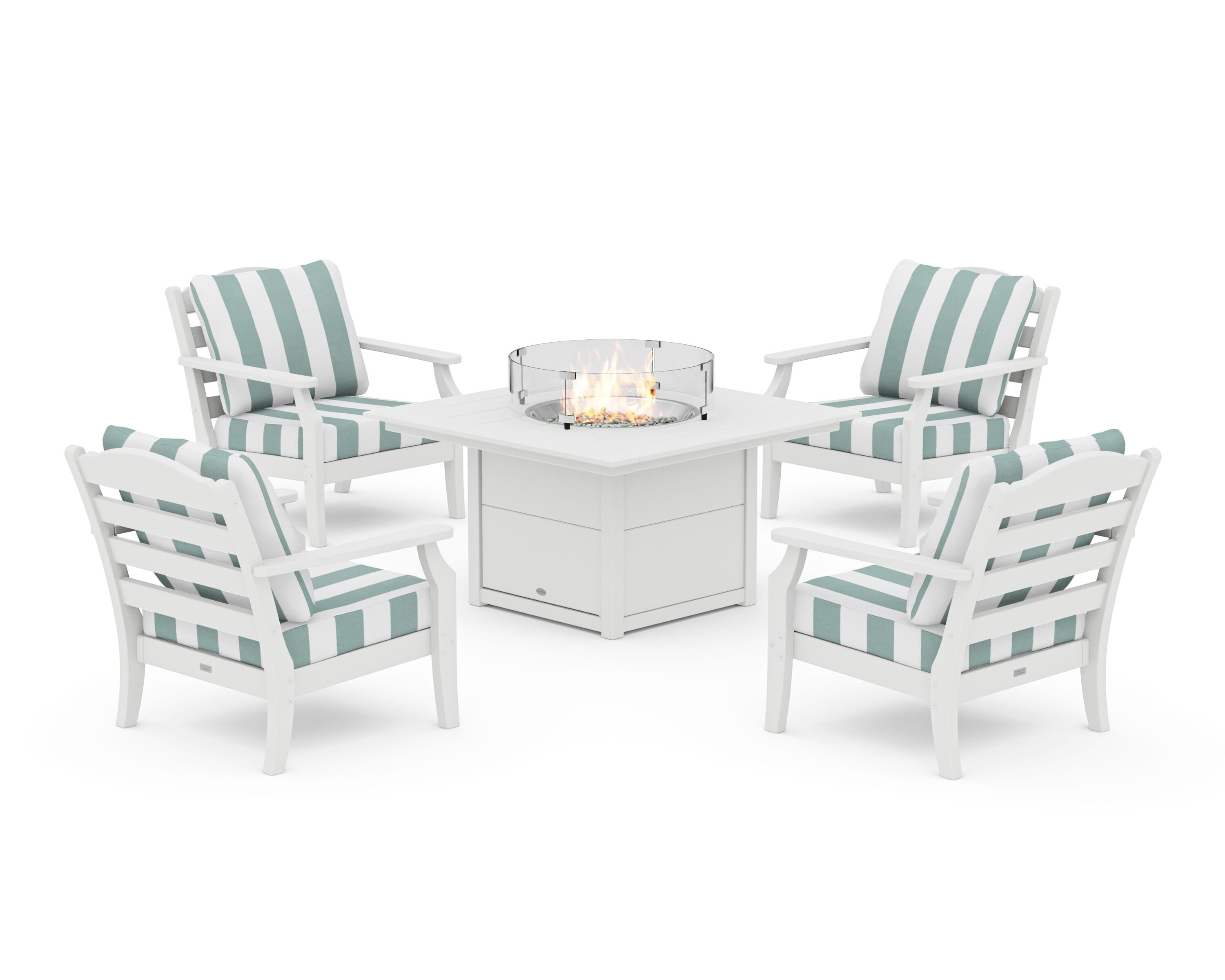 Draper James™ by  POLYWOOD® Savannah 5-Piece Deep Seating Set with Fire Pit Table in White / Cabana Stripe Glacier Spa