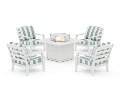 Draper James™ by  POLYWOOD® Savannah 5-Piece Deep Seating Set with Fire Pit Table in White / Cabana Stripe Glacier Spa