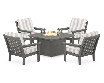 POLYWOOD® Vineyard 5-Piece Conversation Set with Fire Pit Table in Slate Grey / Cabana Stripe Dune Burlap