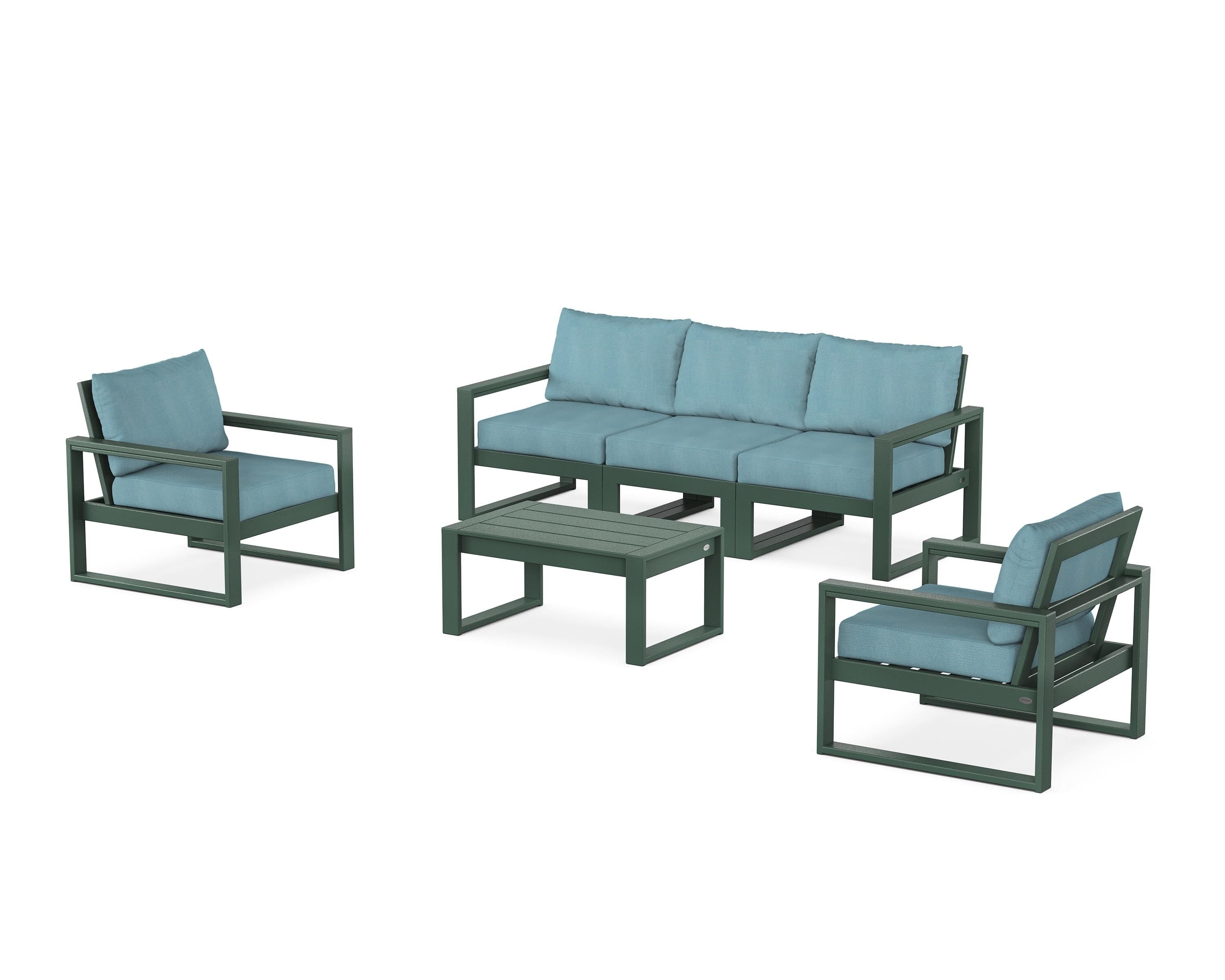 POLYWOOD® EDGE Sectional 4-Piece Deep Seating Set with Sofa in Green / Lattice Sky Blue