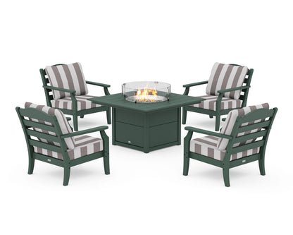 Draper James™ by  POLYWOOD® Savannah 5-Piece Deep Seating Set with Fire Pit Table in Green / Cabana Stripe Grey Mist