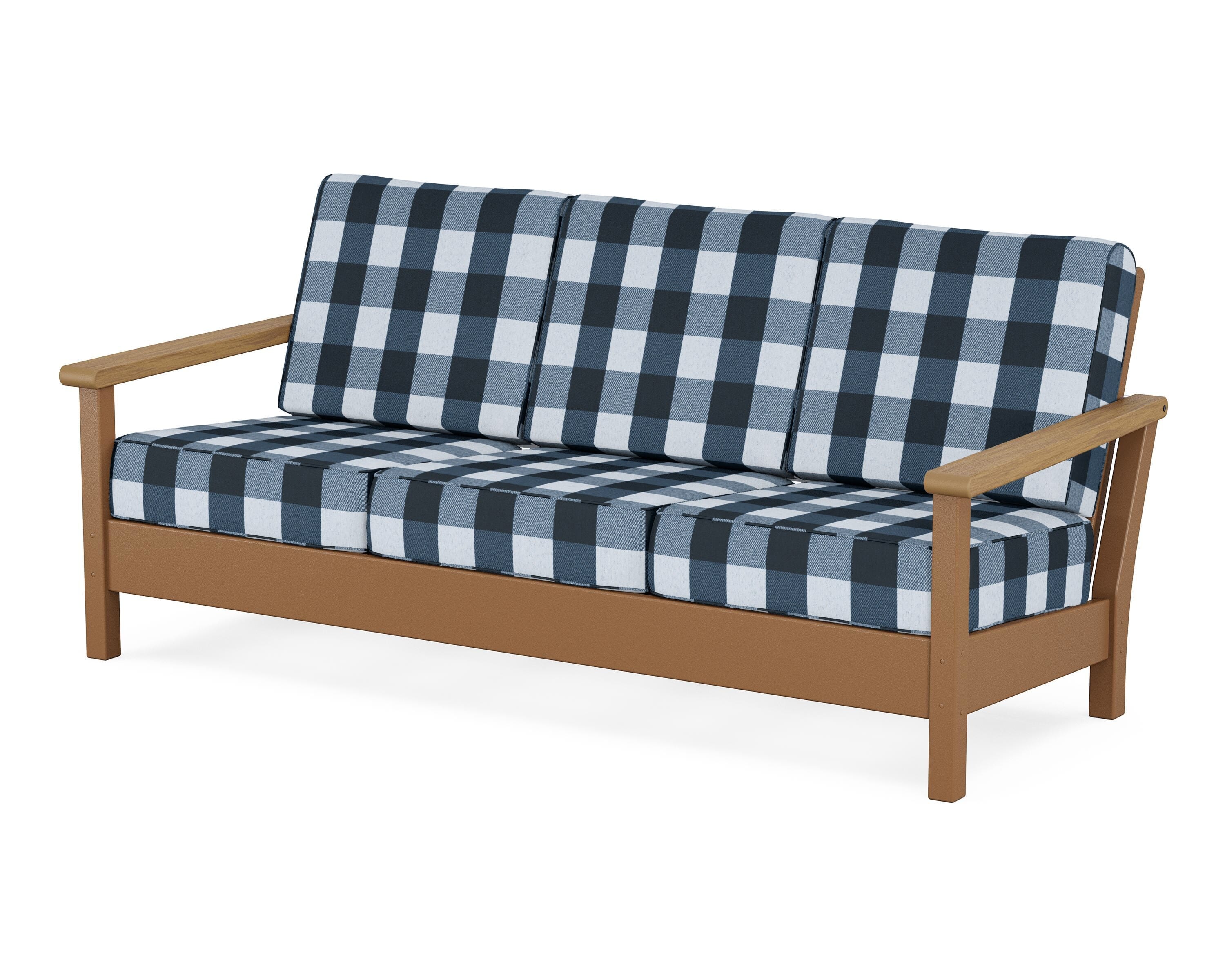 POLYWOOD® Harbour Deep Seating Sofa in Teak / Natural / Buffalo Plaid Marine Indigo