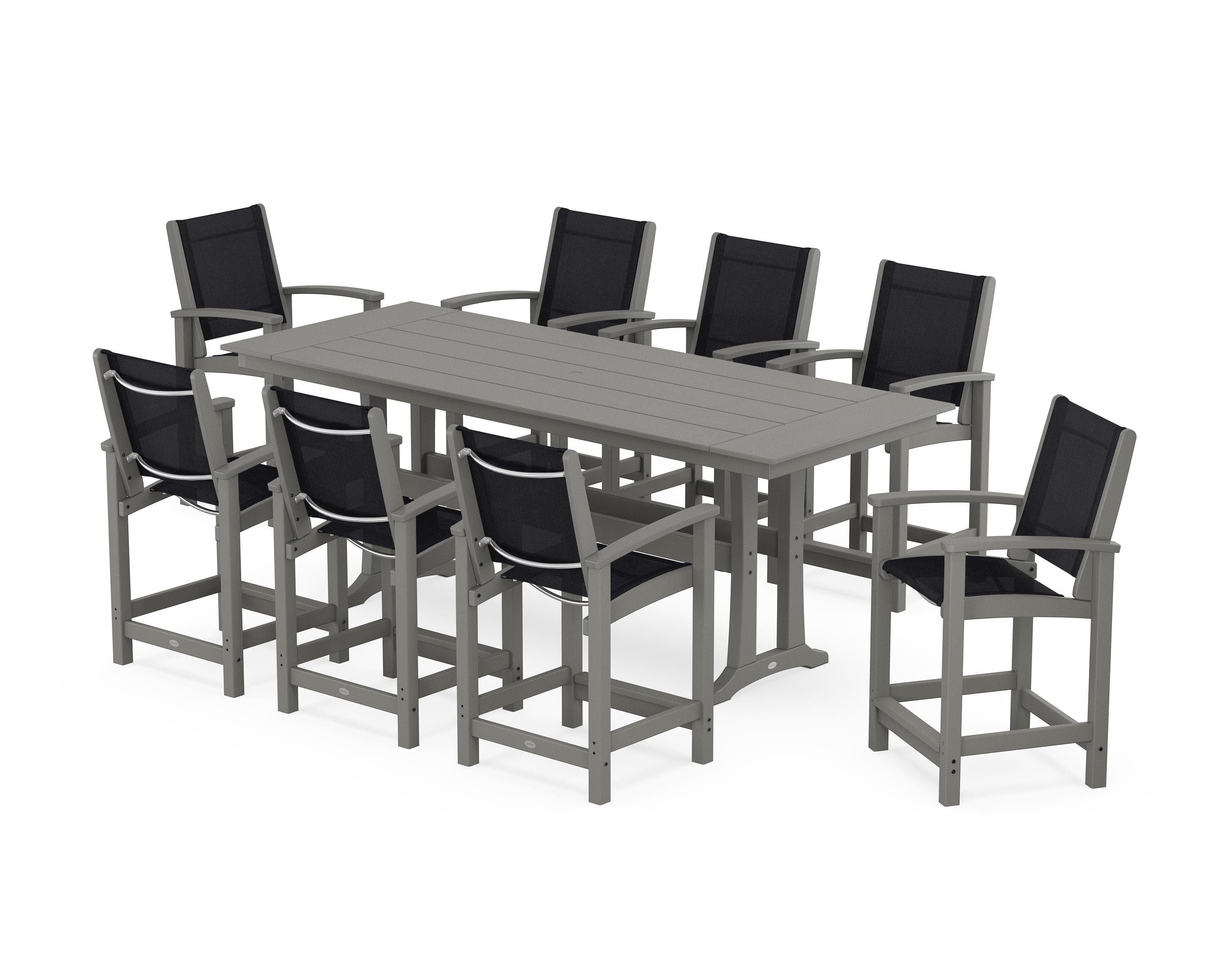 POLYWOOD® Coastal 9-Piece Farmhouse Counter Set with Trestle Legs in Slate Grey / Black Sling