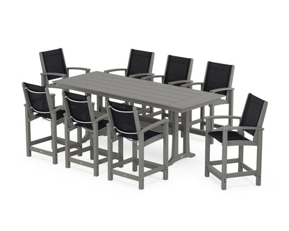POLYWOOD® Coastal 9-Piece Farmhouse Counter Set with Trestle Legs in Slate Grey / Black Sling