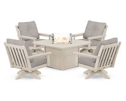 POLYWOOD® Vineyard 5-Piece Deep Seating Swivel Conversation Set with Fire Pit Table in Sand / Weathered Tweed